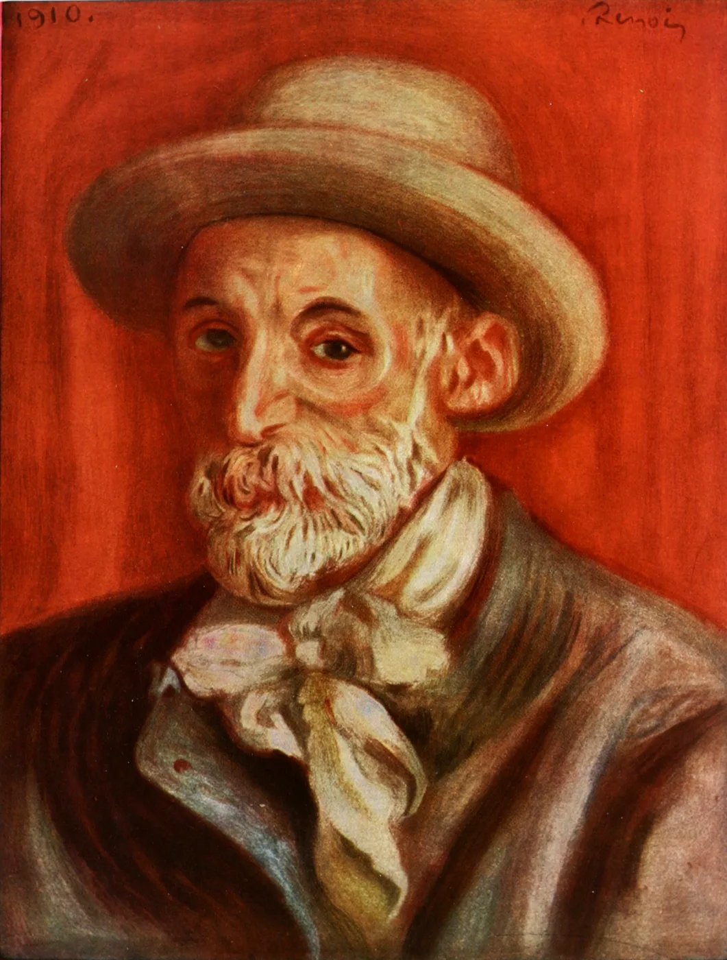 A pastel self-portrait of a white-bearded man in a straw hat and cravat, against a bright red background