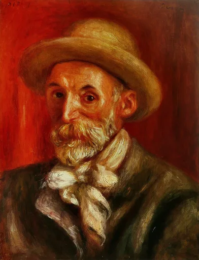 An oil self-portrait of a bearded man in a straw hat and white cravat, gazing out against a deep red background