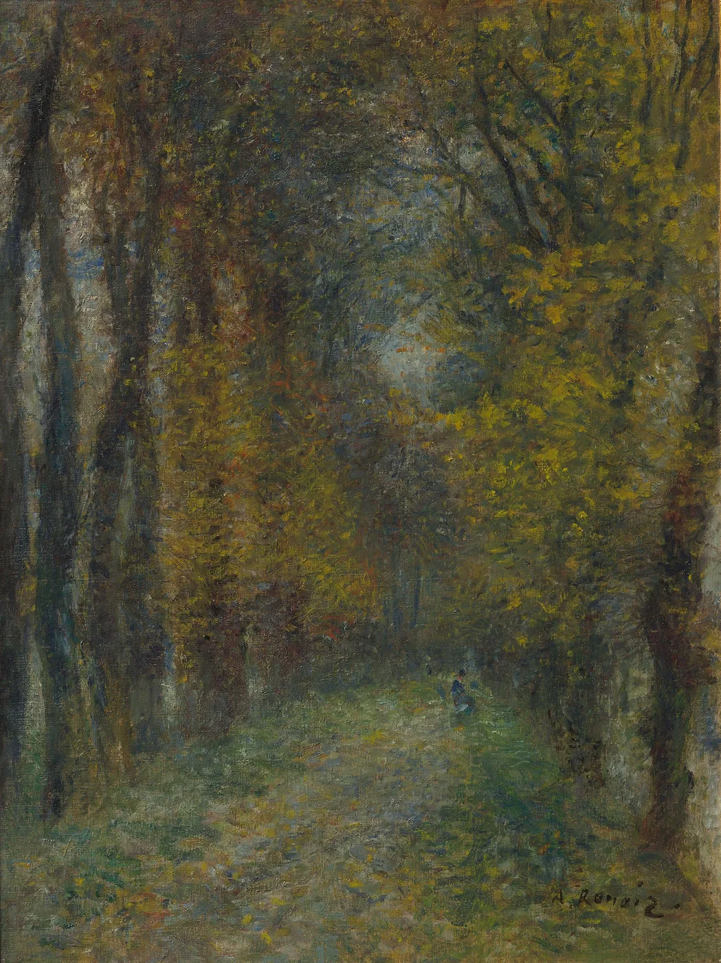 A shaded forest path lined with tall trees and a tiny distant figure walking, in deep green, gold, and brown