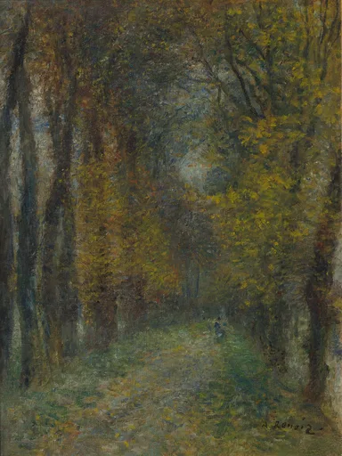 A shaded forest path lined with tall trees and a tiny distant figure walking, in deep green, gold, and brown