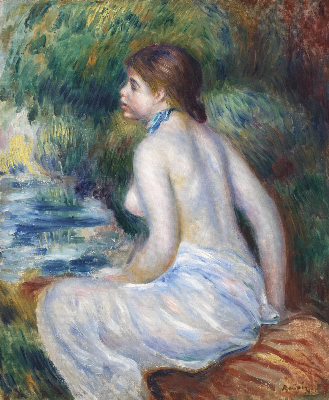 A bather sits by a pond with her white skirt slipping from her bare shoulders, surrounded by lush green foliage