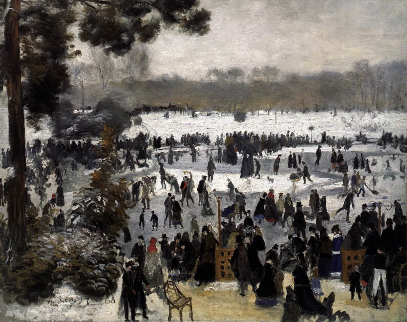 A crowd of bundled figures skating and strolling on a frozen lake in a snowy park under a grey winter sky, in white, black, and pale grey