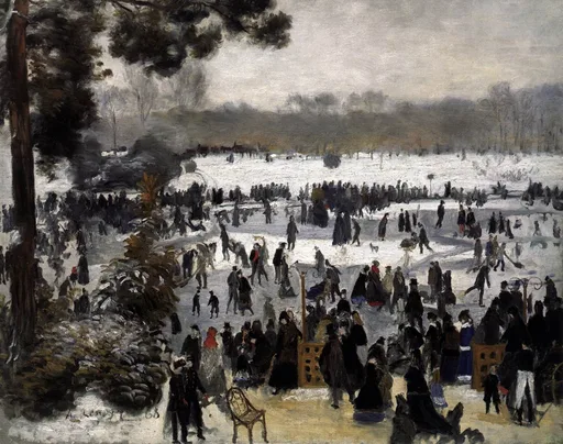 A crowd of bundled figures skating and strolling on a frozen lake in a snowy park under a grey winter sky, in white, black, and pale grey