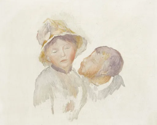 A pale, sketchy study of two children with bonnets, thinly painted in ochre and lilac on a bare cream ground