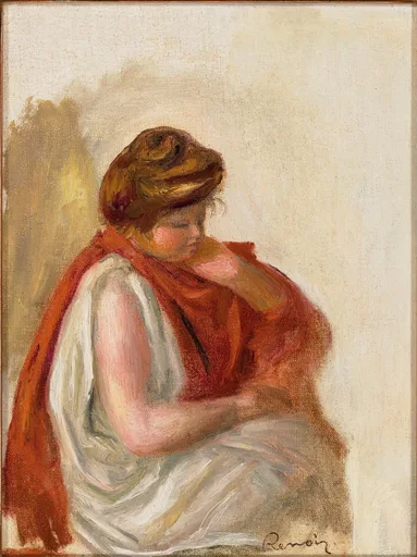 A woman with braided hair draped in a red robe over white cloth, seated against a plain cream background, in rust red and warm flesh tones