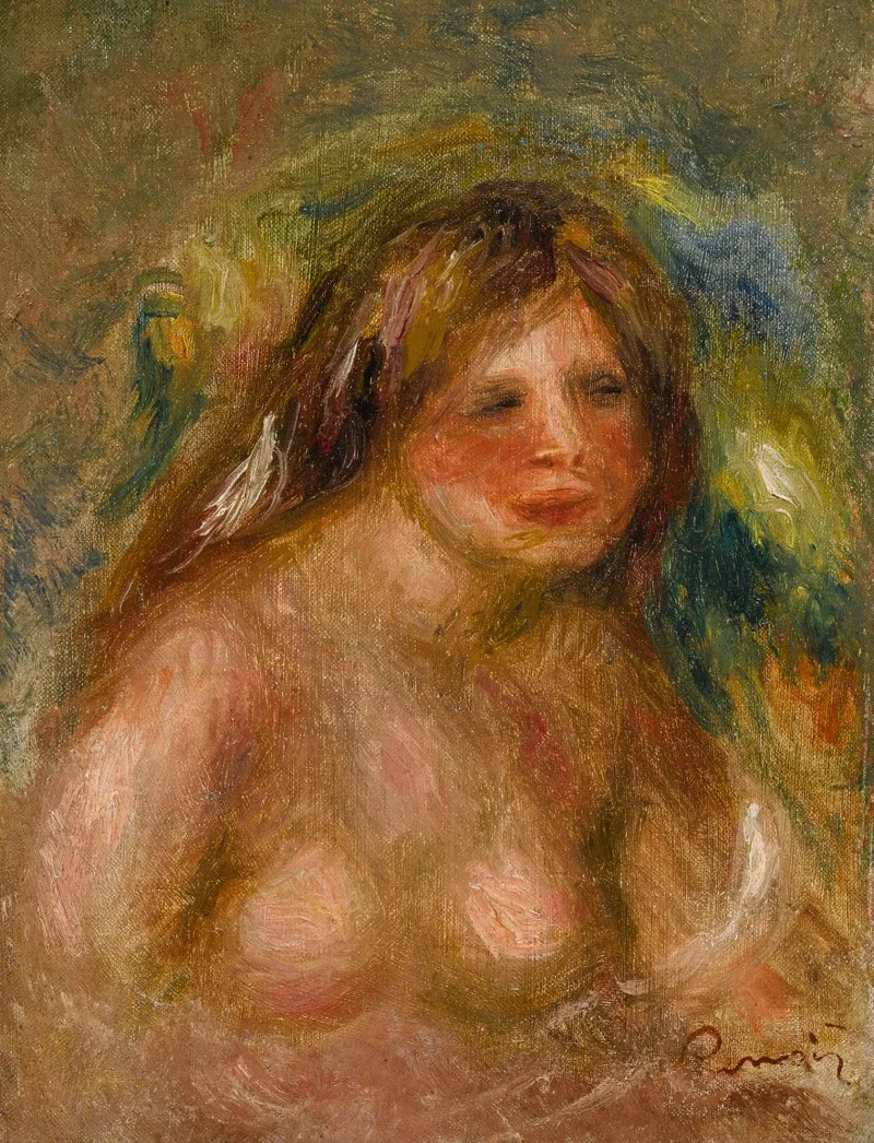 A loosely painted nude woman with long auburn hair against a mottled green background, in warm flesh tones, olive, and blue
