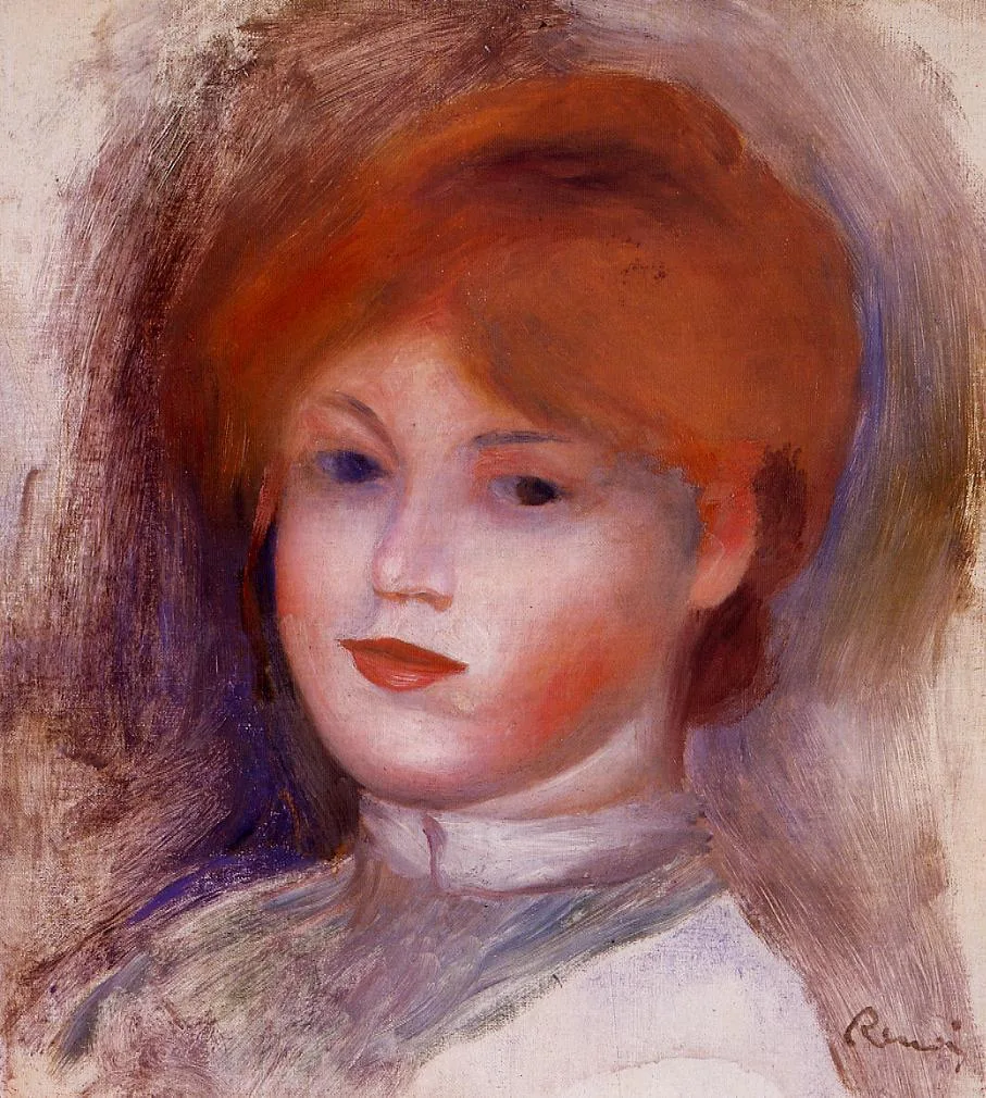 A close portrait of a young woman's face with auburn hair and a white collar, in warm russet, brown and purple tones