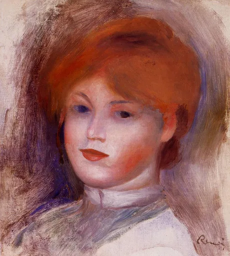 A close portrait of a young woman's face with auburn hair and a white collar, in warm russet, brown and purple tones