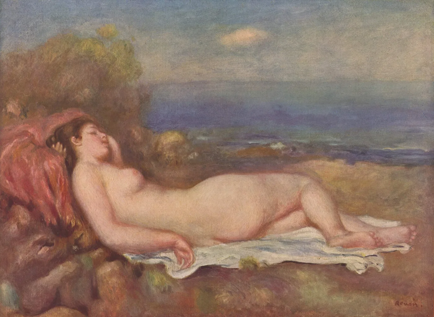 A nude woman reclining asleep on rocks overlooking the sea, in warm flesh tones, deep blue, and rust red