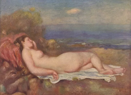 A nude woman reclining asleep on rocks overlooking the sea, in warm flesh tones, deep blue, and rust red