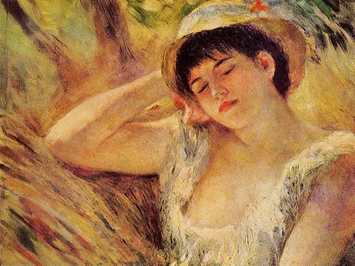 A sleeping woman rests with her eyes closed and arm raised above her head, wearing a straw hat in a golden field.