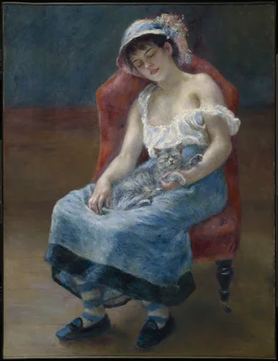 A girl in a flowered bonnet and white blouse dozes in a red armchair, cradling a sleeping gray cat on her blue skirt.