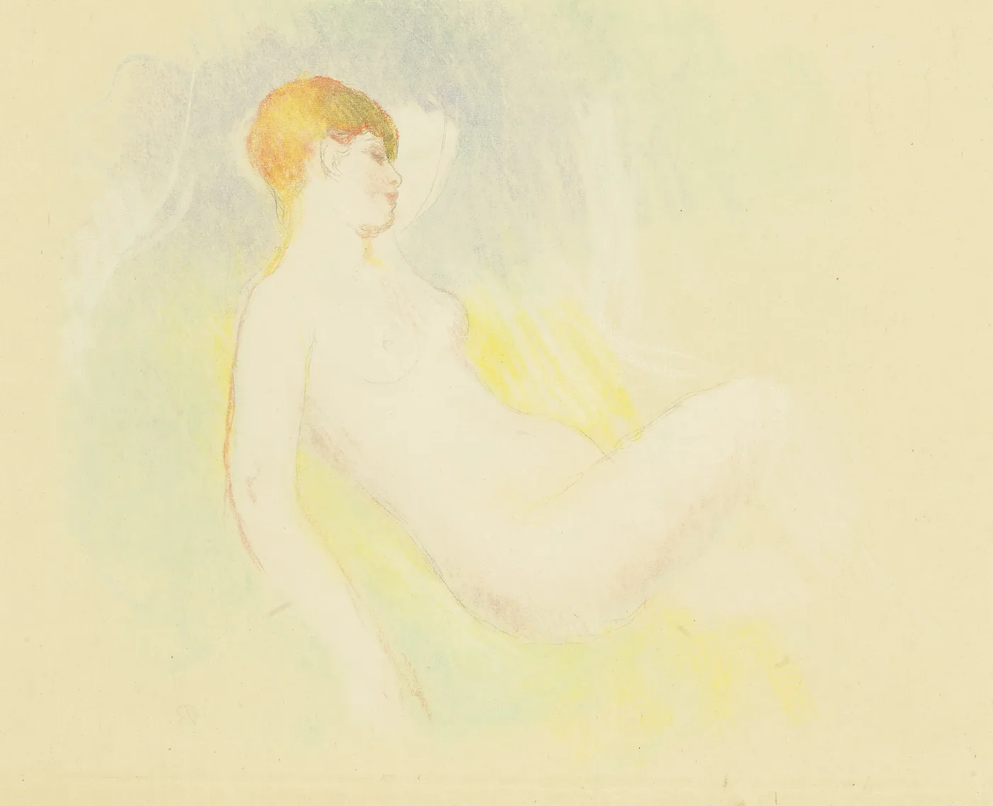 A faint coloured sketch shows a reclining nude figure with red-toned hair, in soft yellow and blue on cream paper.