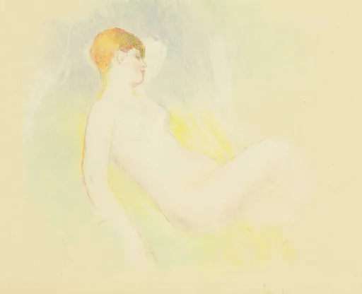 A faint coloured sketch shows a reclining nude figure with red-toned hair, in soft yellow and blue on cream paper.