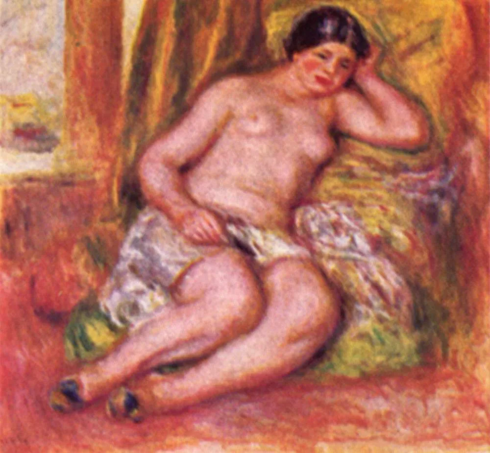 A nude woman with dark hair reclines resting her head on her hand, wearing black slippers, in warm red-orange and gold.