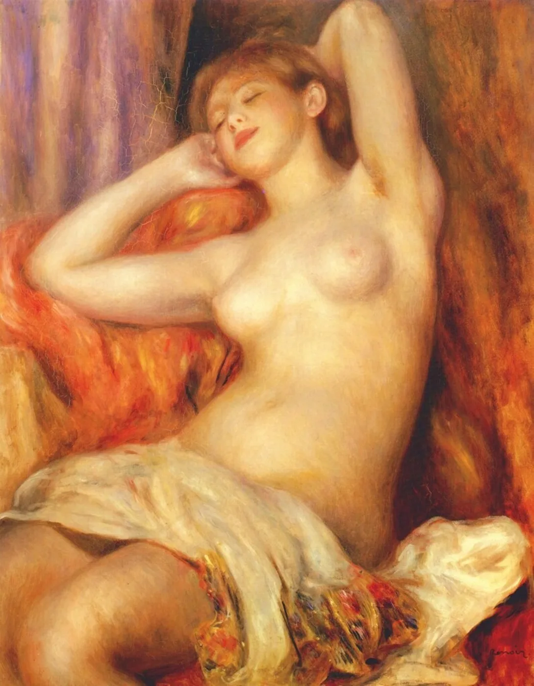 A nude woman reclines with eyes closed and arms raised behind her head against orange cushions, draped fabric across her lap, in warm amber and cream tones