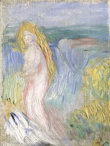 A thickly painted, faint standing nude figure with flowing golden hair against an abstracted landscape, in pale blue, gold, and pink