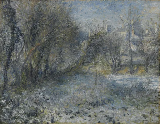 Bare trees and a snow covered garden lead toward distant rooftops under a pale sky, painted in cool blue, white and grey