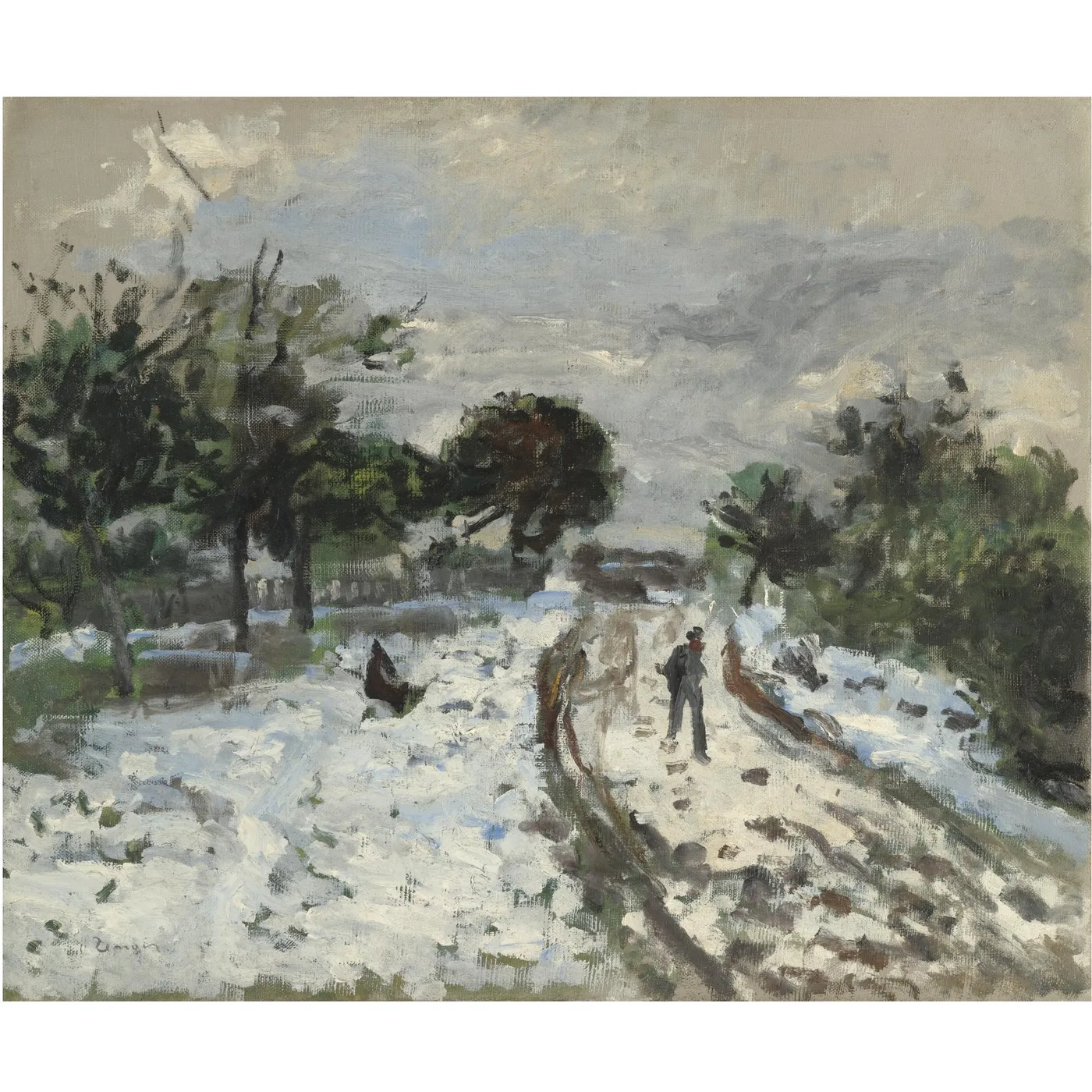A solitary man walks a snow-covered road lined with dark trees, beneath a grey overcast winter sky.