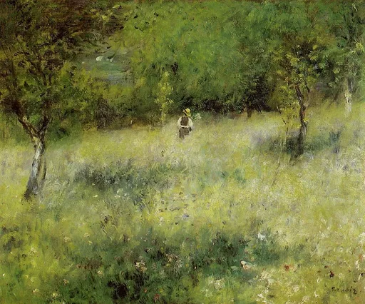 A small figure in a straw hat stands in a sunlit meadow path bordered by wildflowers and slender trees, painted in bright greens and gold.