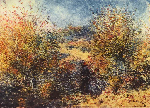 Two figures walk a fence-lined path through dense golden and rust-red blossoming trees, under a blue sky.