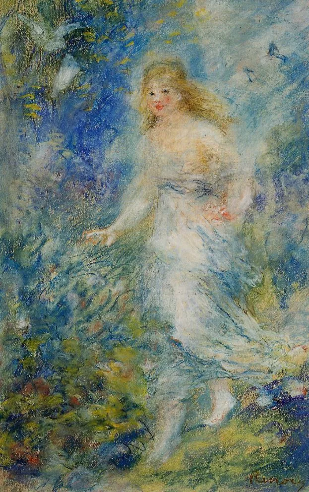 A barefoot young woman with loose blonde hair walks through a flowering thicket, painted in a hazy swirl of blues and greens.