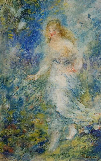 A barefoot young woman with loose blonde hair walks through a flowering thicket, painted in a hazy swirl of blues and greens.