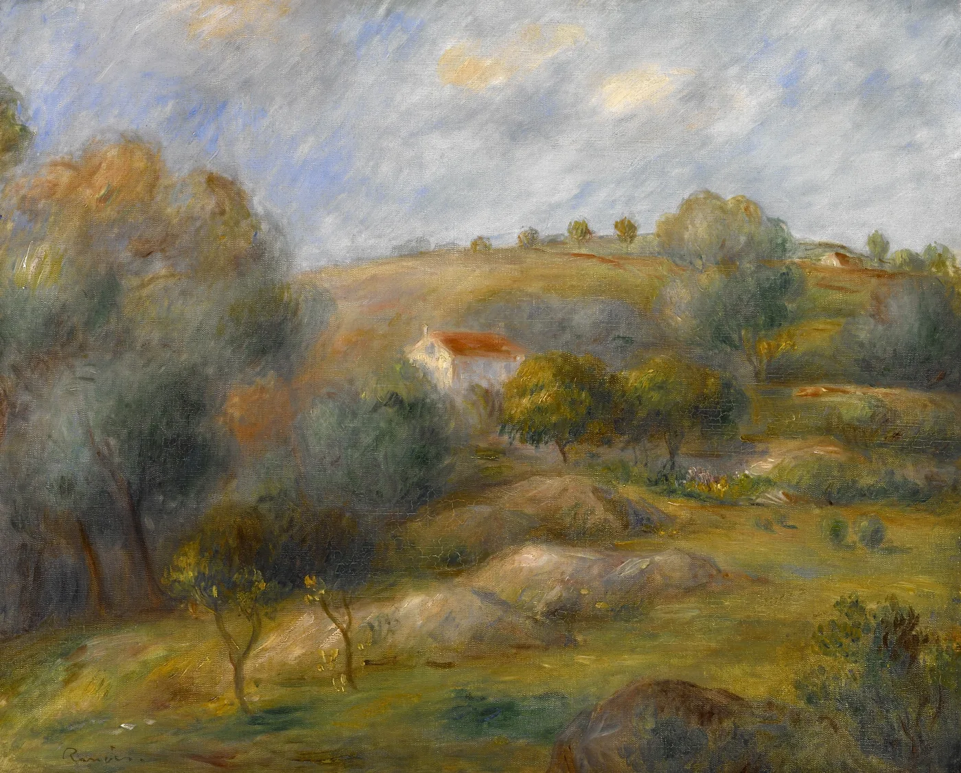 A rolling countryside with a red-roofed farmhouse nestled among trees under a cloudy sky, in soft green, grey, and pale gold