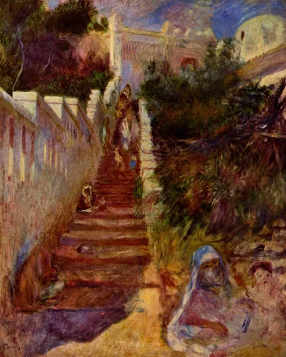 A steep outdoor staircase between white walls with veiled figures seated on the steps, in reddish brown and green