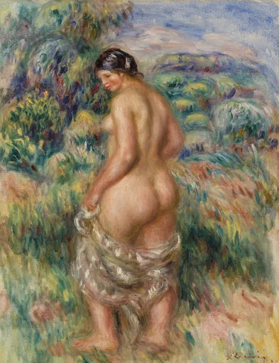 A standing nude bather seen from behind, gathering a white cloth at her hips in a lush garden, in warm flesh tones and green