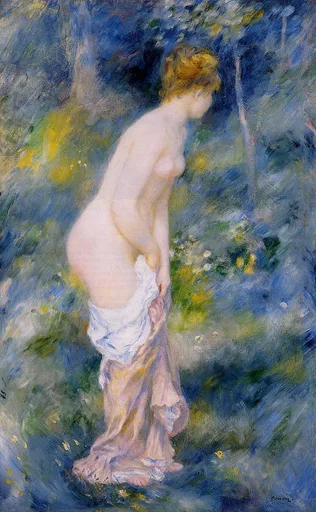 A standing nude bather bends forward pulling on a pink cloth, amid blue and green foliage dotted with yellow flowers