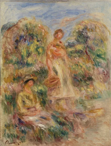 A seated woman in yellow and a standing woman in orange amid dense flowering bushes, in soft greens, pink, and pale blue