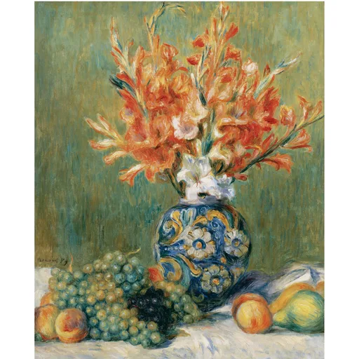 Bright orange gladioli fill a decorated blue and white vase beside grapes and figs on a white cloth, against green.