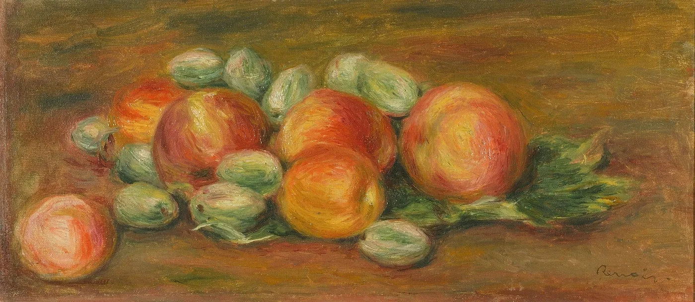 Apples and almonds are piled together on a table, rendered in warm red, gold and olive green brushstrokes