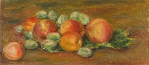 Apples and almonds are piled together on a table, rendered in warm red, gold and olive green brushstrokes