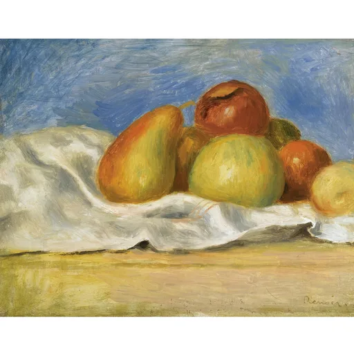 Apples and pears are heaped on a white cloth against a blue sky, on an ochre-toned tabletop.