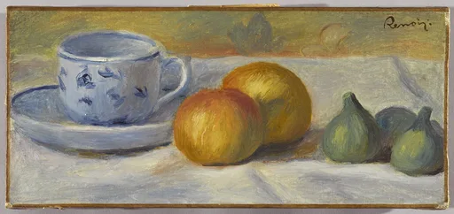 A blue and white patterned cup and saucer beside two apples and two green figs on a cloth, in blue, orange, and white