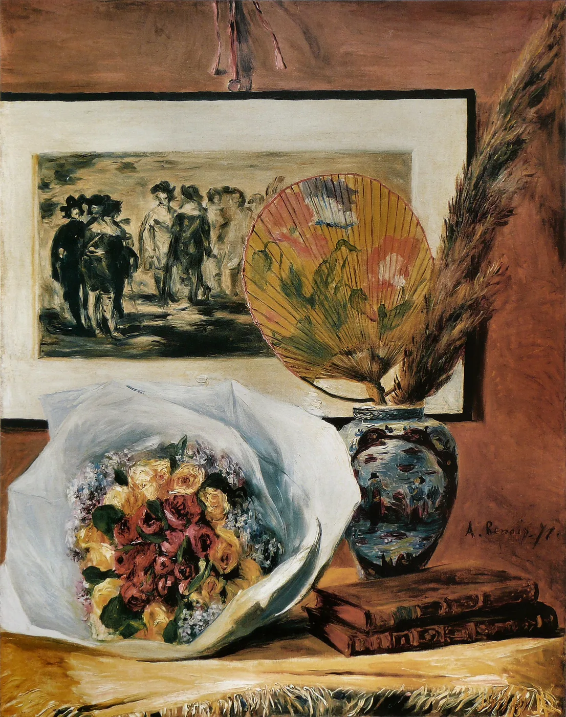 A still life of a wrapped bouquet of red and yellow roses beside a painted vase, folding fan, and books, in warm brown and rose tones
