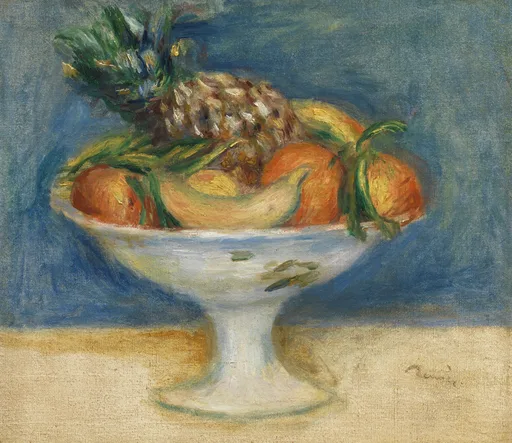 A white footed compote bowl is heaped with a pineapple, bananas and oranges, against a deep blue background.