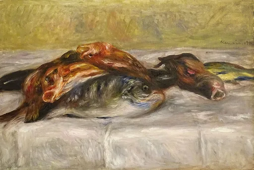 A pile of freshly caught fish and shellfish on a white cloth, in dark grey, red, and ochre yellow