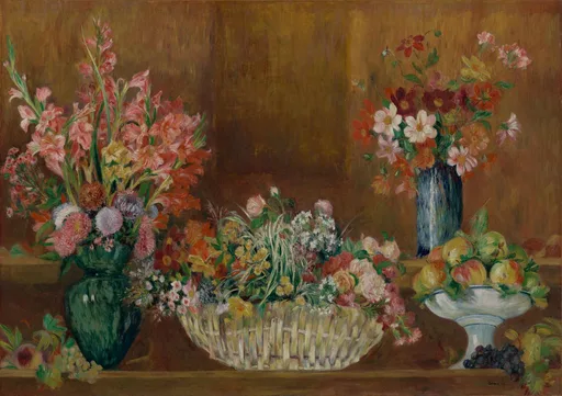 Vases of flowers, a woven basket of blooms, and a fruit bowl arranged on a shelf, in warm brown, pink, and green