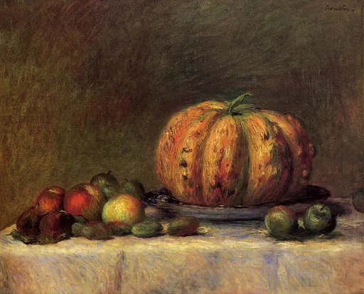 A large orange squash sits among apples and figs on a white cloth, against a dark olive-brown background.