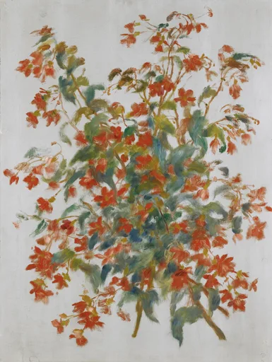 Sprays of red-orange fuchsia flowers with green leaves are painted against a pale grey background.