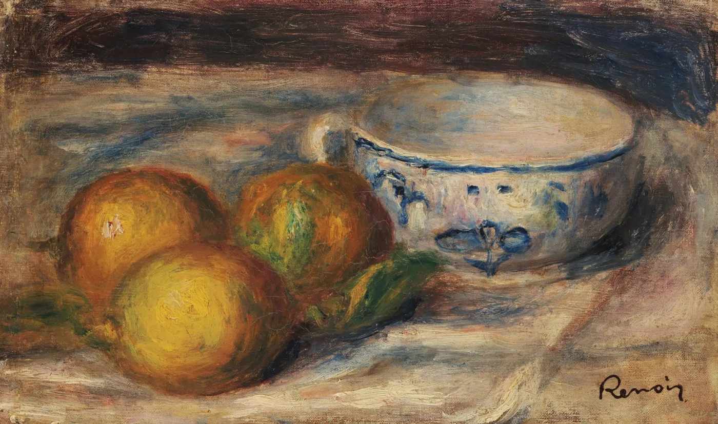 Three lemons piled beside a blue-and-white porcelain cup on a rumpled white tablecloth, in loose ochre and dark blue strokes against a brown background.