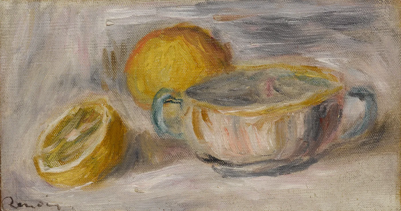 A halved lemon, a whole lemon, and a teacup on a table, in yellow, pale blue, and soft grey