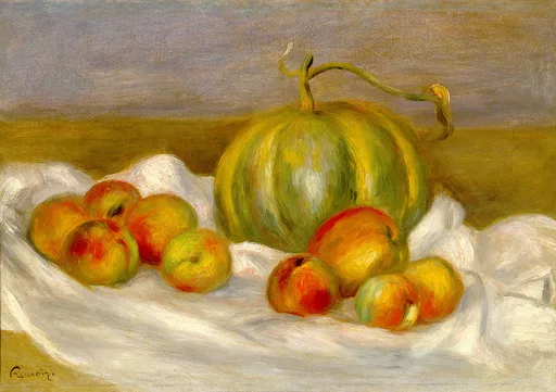 A green striped melon is surrounded by peaches on a white cloth, against an olive-brown background.