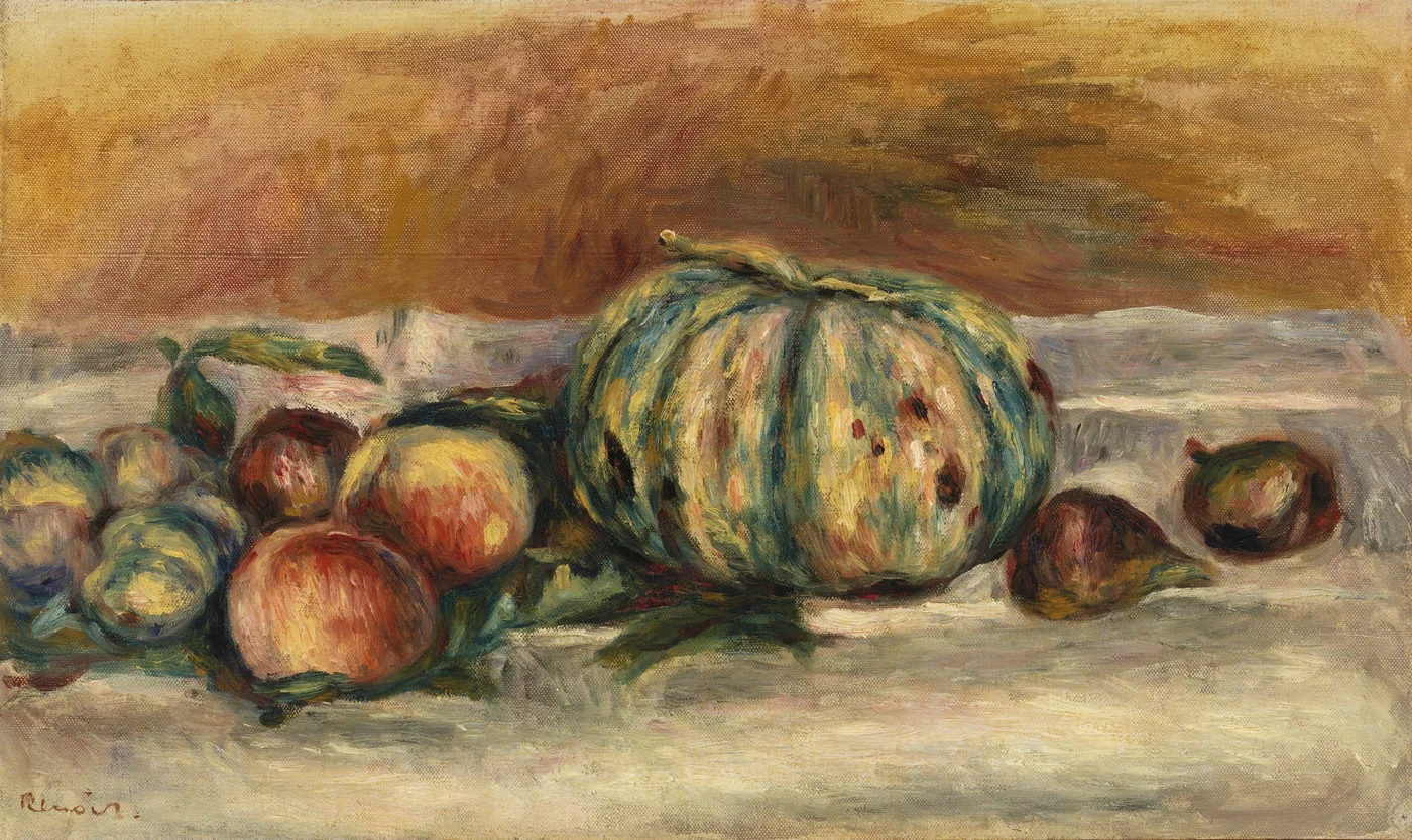 A striped green melon surrounded by apples and pears on a table, in ochre, green, and warm brown