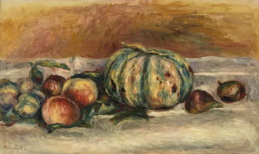 A striped green melon surrounded by apples and pears on a table, in ochre, green, and warm brown