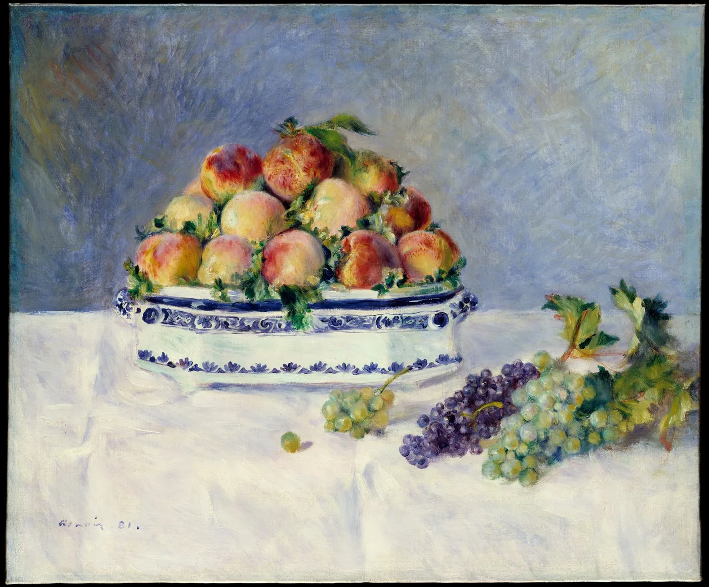 A mound of peaches piled in a blue-and-white porcelain bowl beside loose grape clusters on a white tablecloth, in soft blue and peach tones