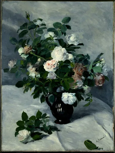 A dark jug overflowing with white and pink roses on a draped white cloth, in deep green, white, and grey